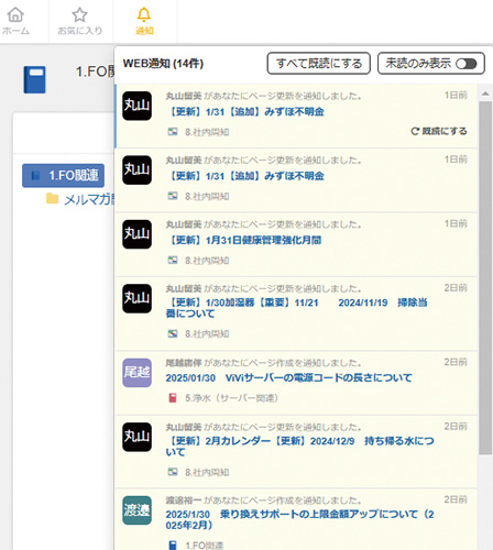 画像２　足跡機能で自分の未読情報は黄色く表示。未読だけを絞り込むことも可能