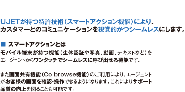 UJETが持つ特許技術（スマートアクション機能）により、カスタマーとのコミュニケーションを視覚的かつシームレスにします。